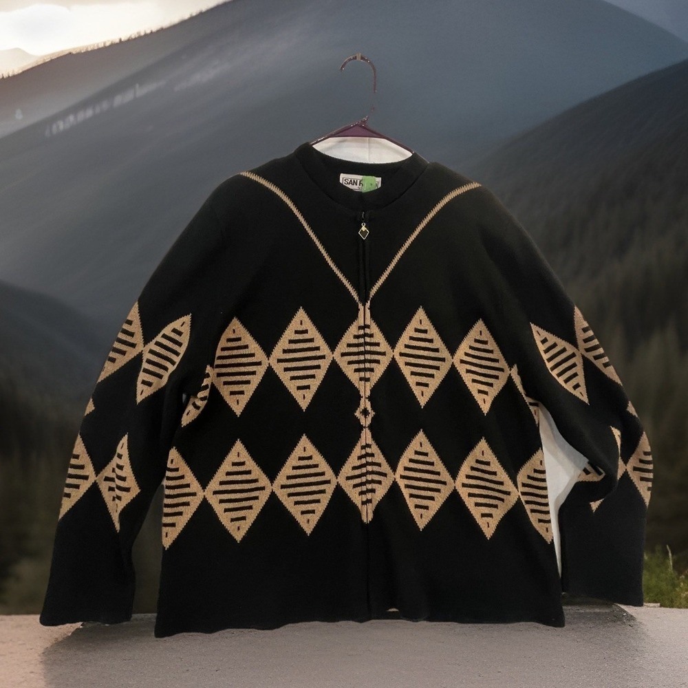 Vtg. San Remo By Laura‎ Knits Sweater Womens XL Black Argyle Zip Madman Cardigan